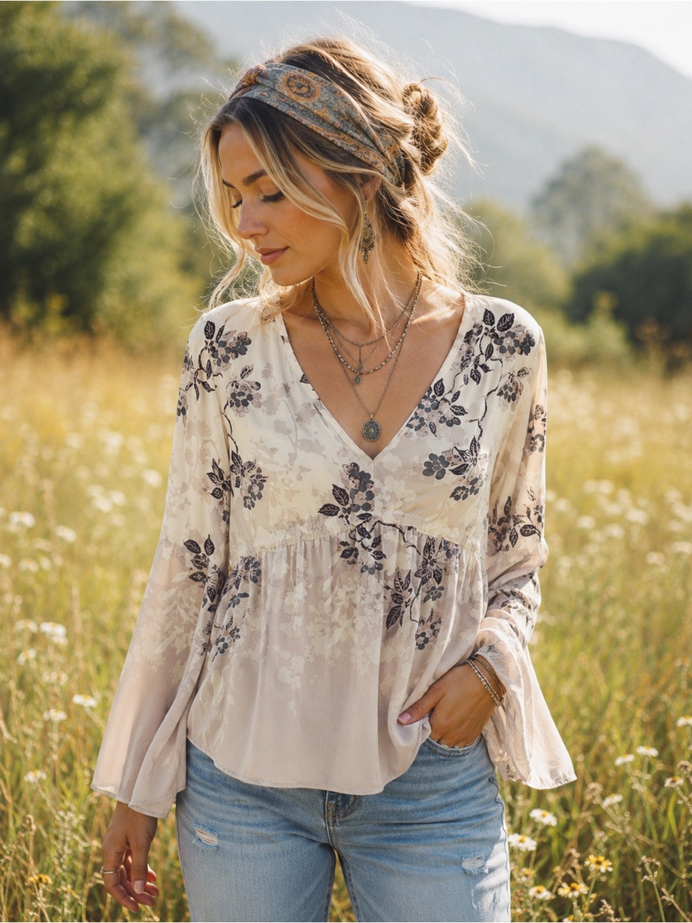 MAURICES Cream Floral V-Neck Blouse